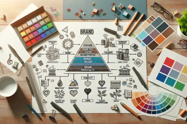 several color palettes with pencils and other drawing utensils on a table with a large paper with designs and the word "brand" at the top