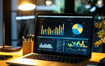 Laptop displaying data analytics with colorful charts and graphs in a modern office workspace, emphasizing website performance and SEO insights for small business growth.