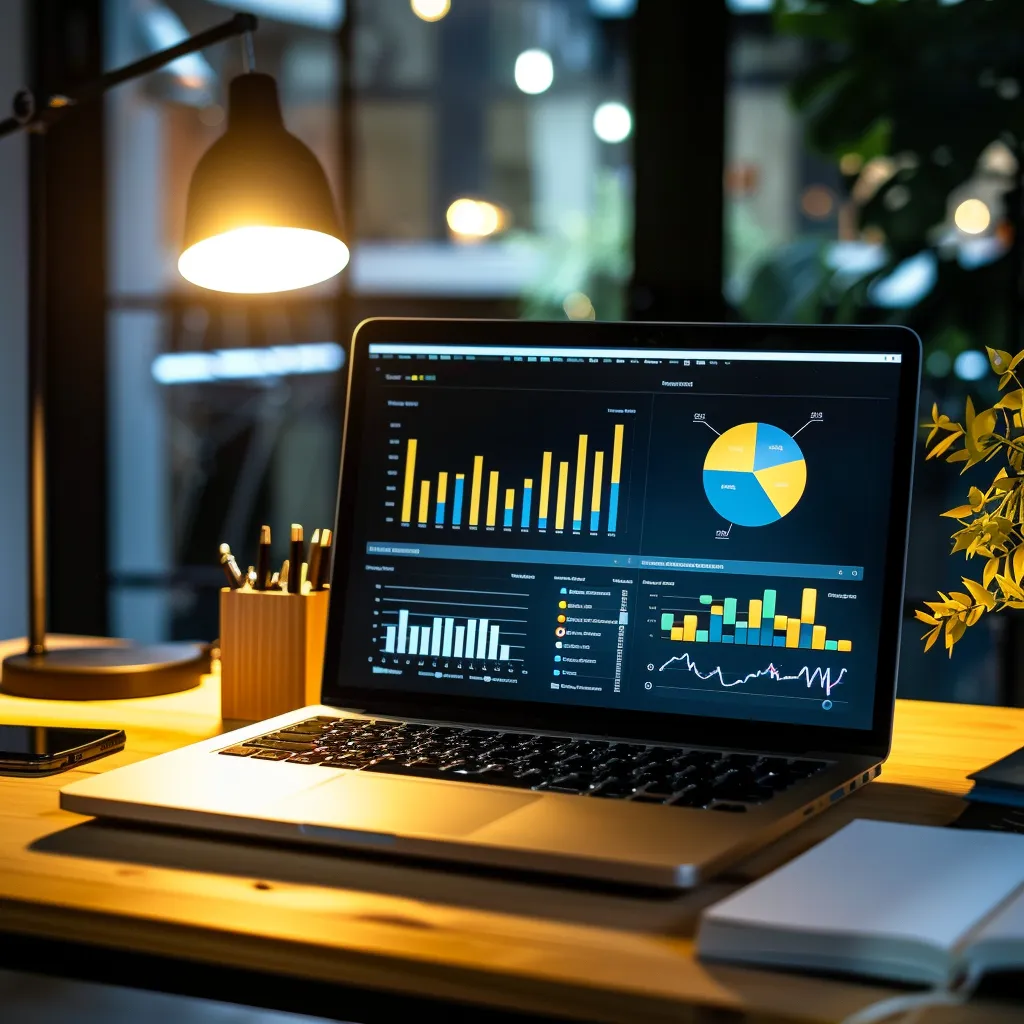 a modern office workspace showcases a sleek laptop displaying a dynamic wordpress design interface, surrounded by vibrant charts and graphs that emphasize enhanced seo strategies under focused led lighting.