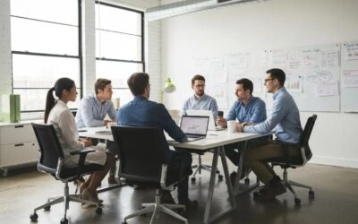 Group of professionals engaged in a collaborative meeting around a conference table, discussing web design and marketing strategies for small business growth.
